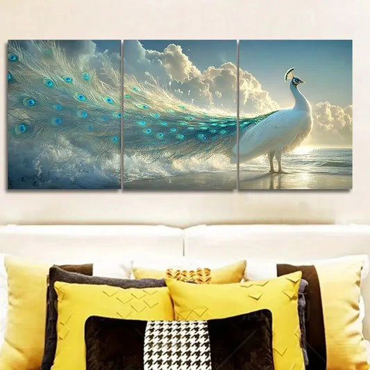 3pcs Elegant White PeaRooster with Blue Feathers Metal Print Ready to Hang Art