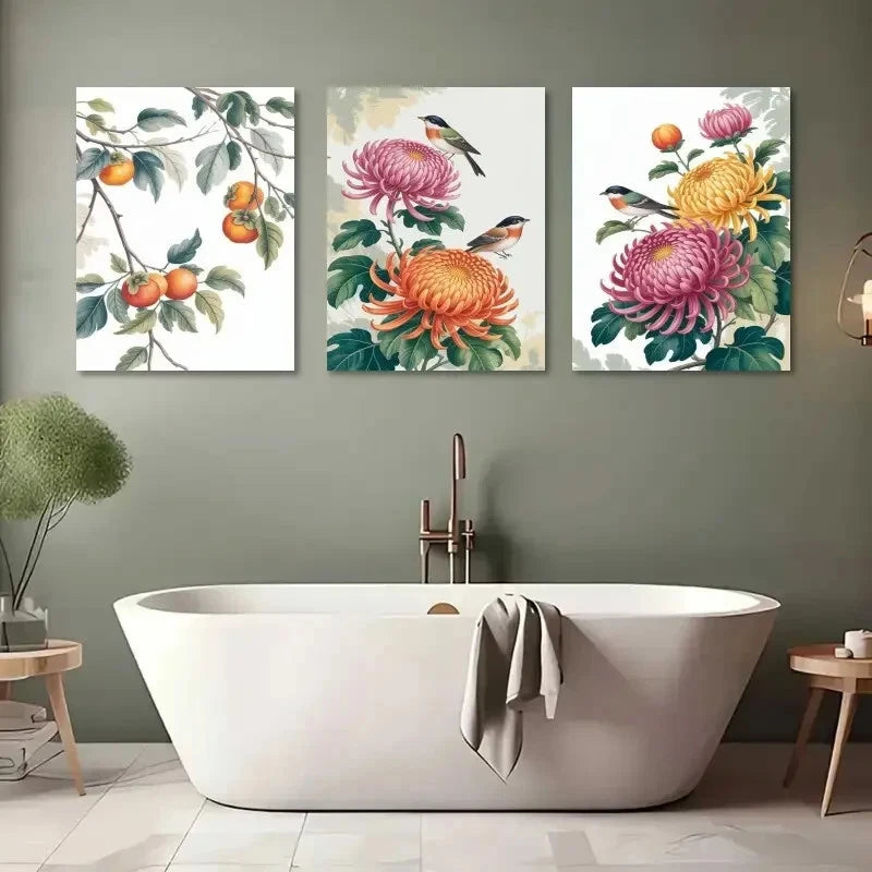 3pcs Chrysanthemum Persimmon Songbird Metal Print Ready to Hang Art