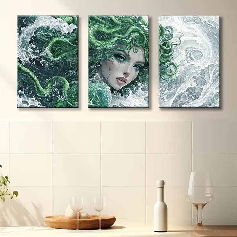 3pcs Green Beautiful Medusa Wall Art Set Canvas Framed 60x90cm - High Quality Print 100% Australian Made Wall Canvas Ready to Hang
