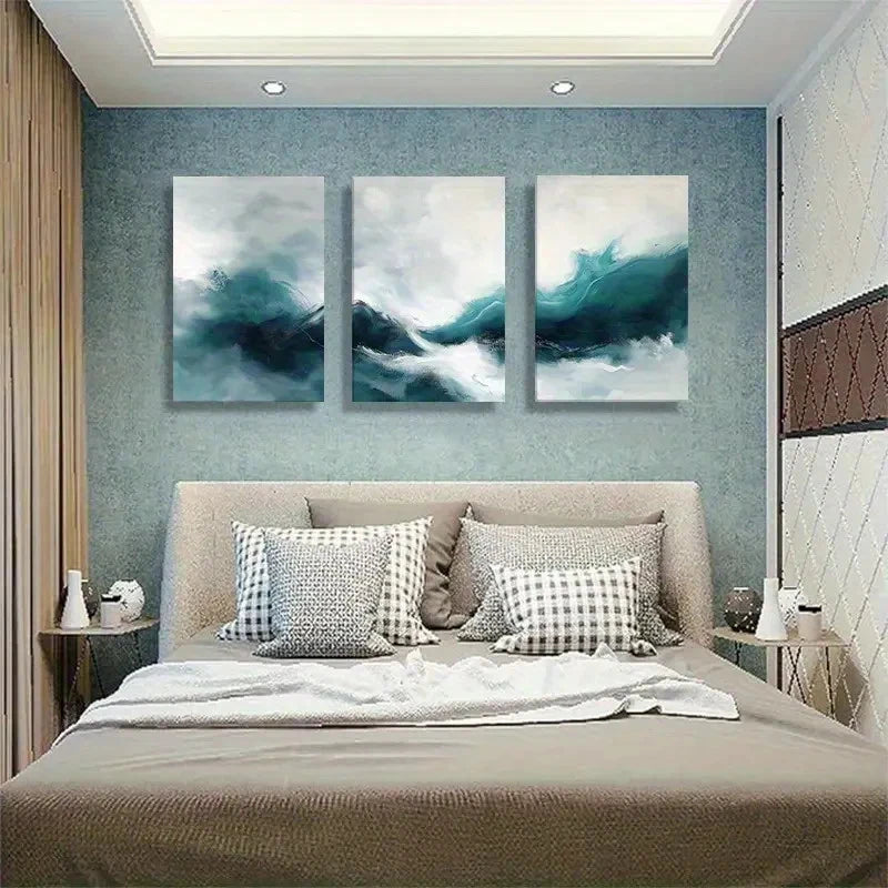3pcs Abstract Wave Teal and White Seascape Metal Print Ready to Hang Art