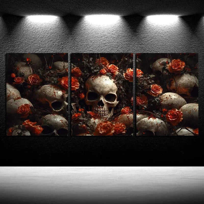 3pcs Modern Gothic Floral Skull Design Metal Print Ready to Hang Art