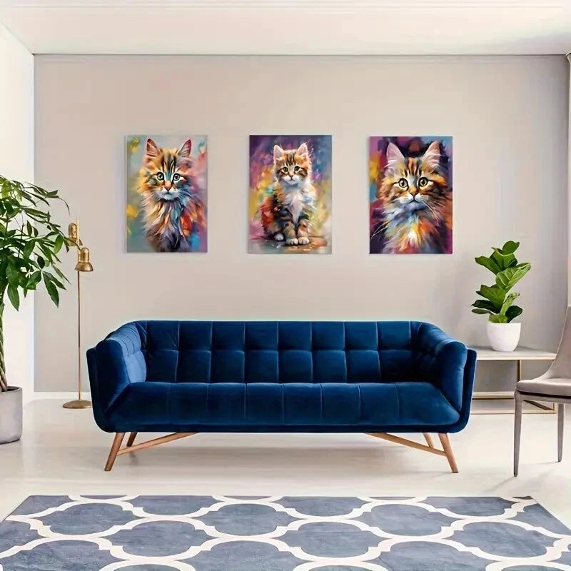 3pcs Colorful Oil Painting Kittens in Playful Pose Metal Print Ready to Hang Art