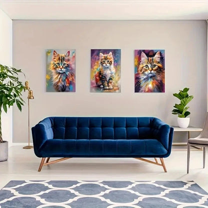 3pcs Colorful Oil Painting Kittens in Playful Pose Metal Print Ready to Hang Art