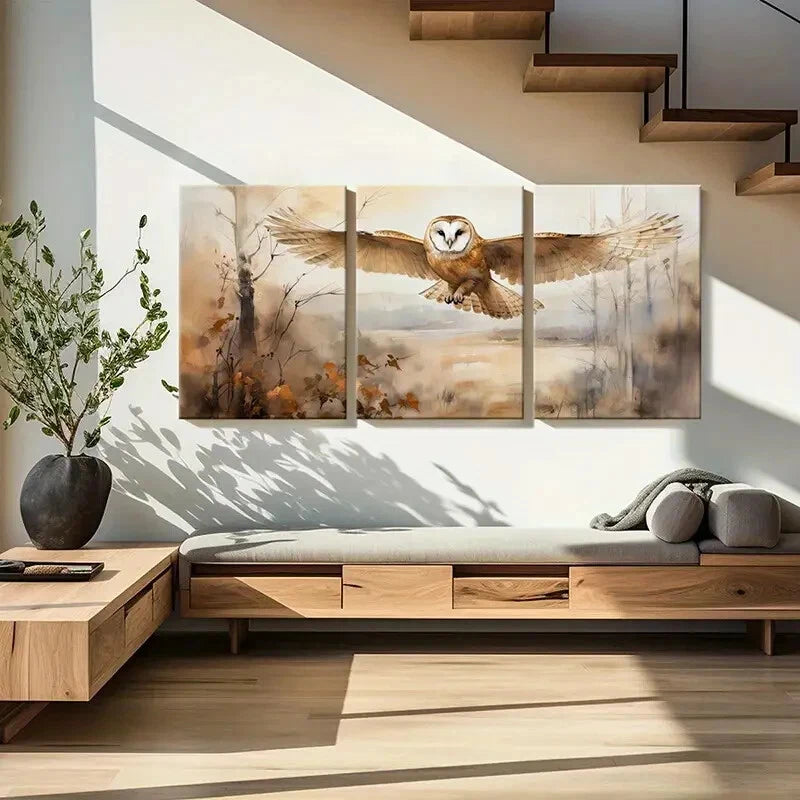 3pcs Owl Flight Watercolor Style Nature Scene Metal Print Ready to Hang Art