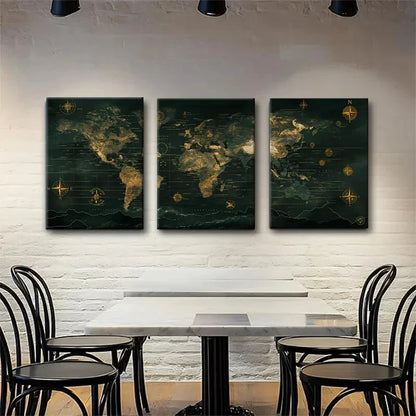 3pcs Antique Global Maps in Dark Green Metal Print Ready to Hang Art