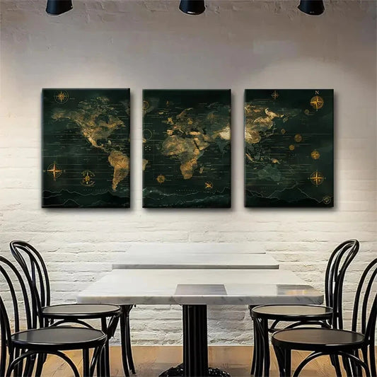 3pcs Antique Global Maps in Dark Green Metal Print Ready to Hang Art