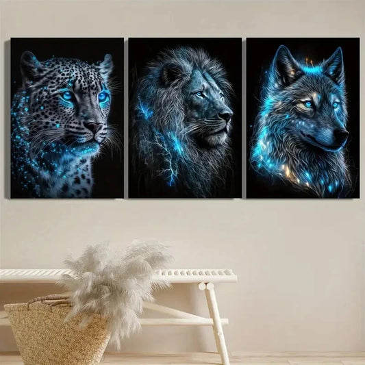 3pcs Blue Frost Leopard Lion Wolf Glowing Eyes Metal Print Ready to Hang Art