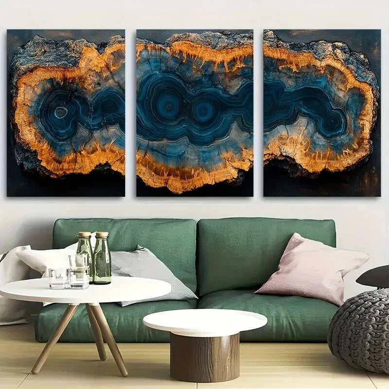 3pcs Earthy Blue Brown Nature Abstract Tree Ring Metal Print Ready to Hang Art