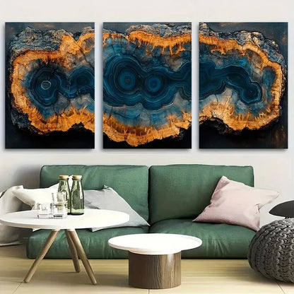 3pcs Earthy Blue Brown Nature Abstract Tree Ring Metal Print Ready to Hang Art