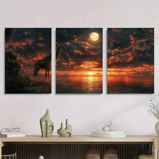 3pcs Moonlit Elephant Giraffe Seascape Abstract Metal Print Ready to Hang Art