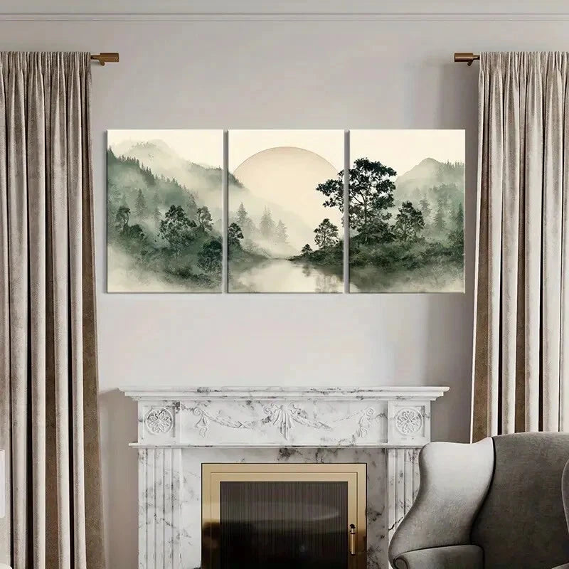 3pcs Misty Mountain Landscape Serene Forest Metal Print Ready to Hang Art