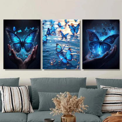 3pcs Vibrant Blue Butterfly Modern Classic Metal Print Ready to Hang Art