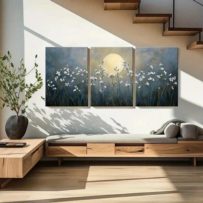 3pcs White Flowers & Night Sky Tranquil Nature Metal Print Ready to Hang Art