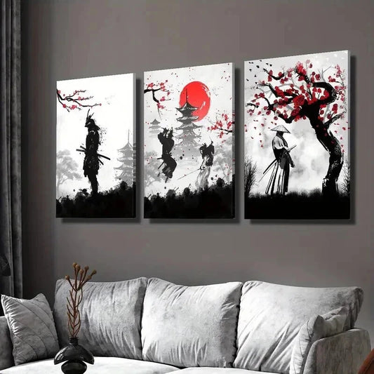 3pcs Japanese Cherry Blossom & Samurai Wall Art Set Canvas Framed 40x60cm - High Quality Print 100% Australian Made Wall Canvas Ready to Hang