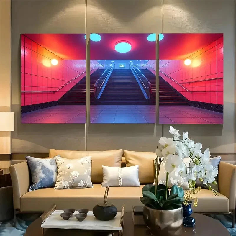 3pcs Retro 90s Style Mall Fuschia Pink and Blue Metal Print Ready to Hang Art