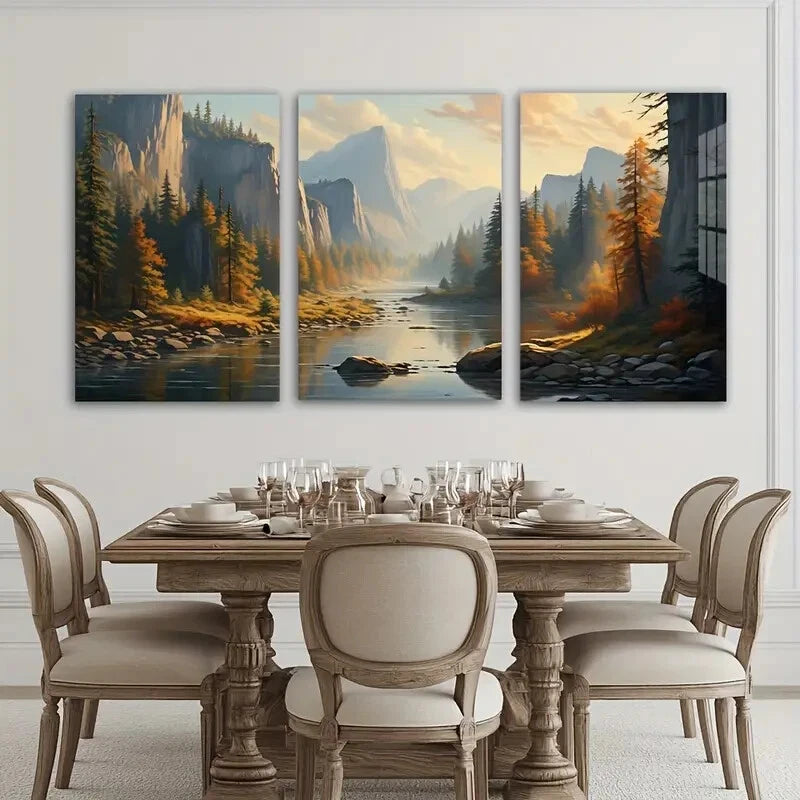 3pcs Mountain Peaks Forest River Sunset Metal Print Ready to Hang Art