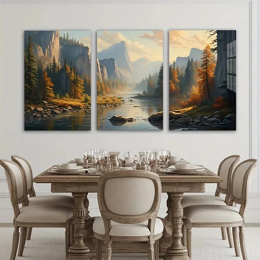 3pcs Mountain Peaks Forest River Sunset Metal Print Ready to Hang Art