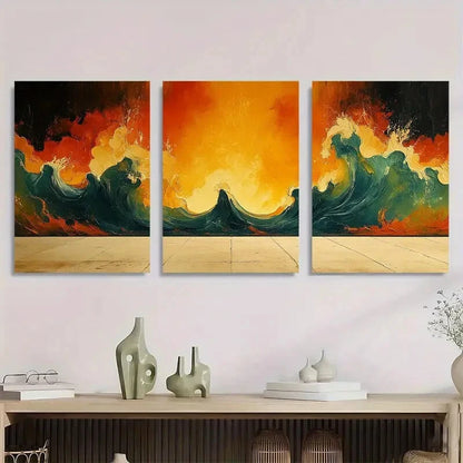 3pcs Vibrant Orange Green & Black Ocean Waves Metal Print Ready to Hang Art