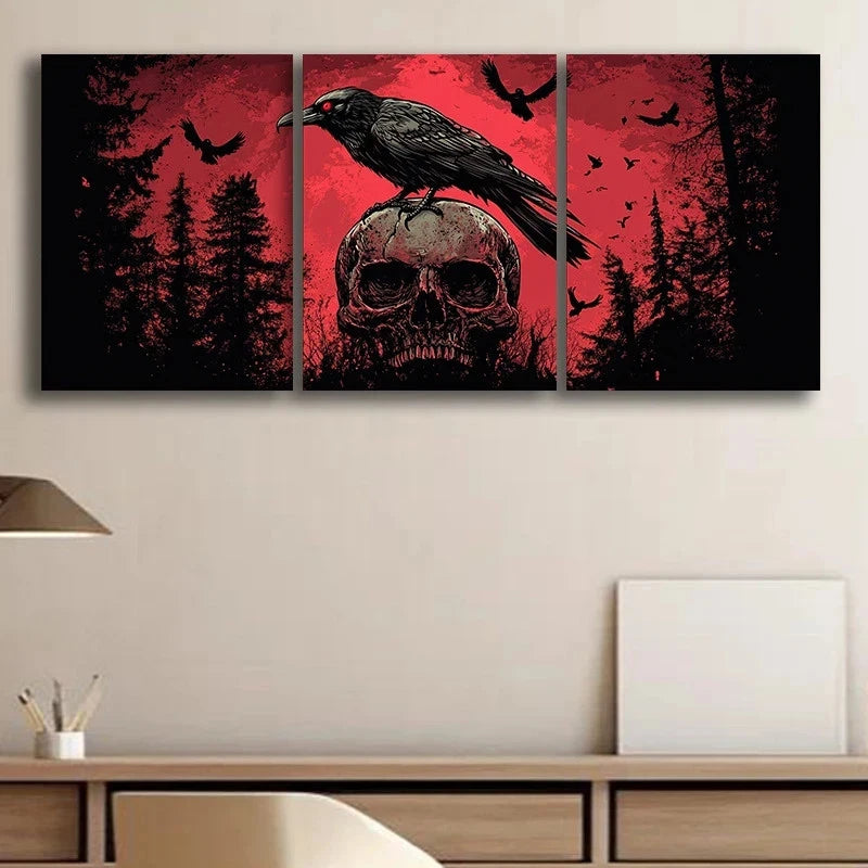 3pcs Gothic Skull and Raven Dark Metal Print Ready to Hang Art