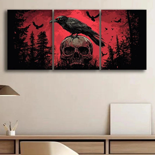 3pcs Gothic Skull and Raven Dark Metal Print Ready to Hang Art