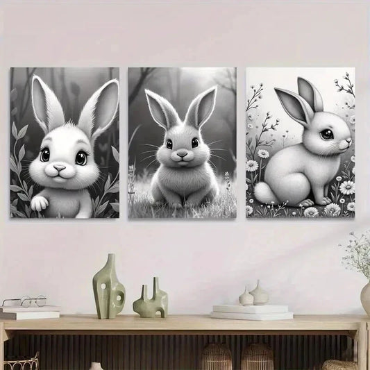 3pcs Adorable Bunny Black and White Rabbit Wall Art Set Canvas Framed 50x70cm - High Quality Print 100% Australian Made Wall Canvas Ready to Hang