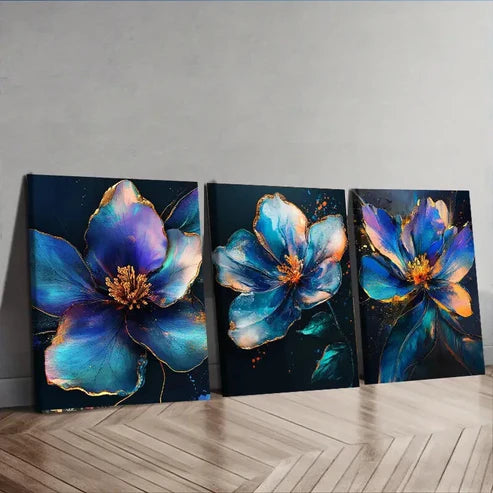 3pcs Colorful Metallic Flowers Nature Blue Wall Art Set Canvas Unframed - High Quality Print 100% Australian Made Wall Canvas