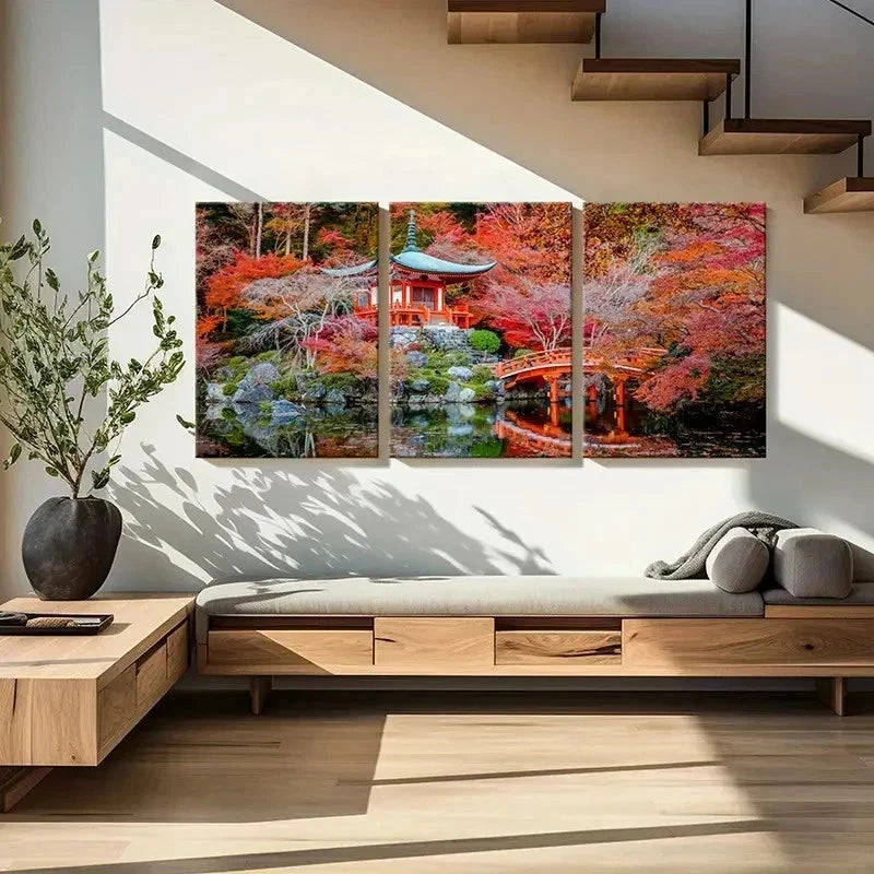 3pcs Kyoto Daigoji Temple Red Maple Leaves Wall Art Set Canvas Framed 40x60cm - High Quality Print 100% Australian Made Wall Canvas Ready to Hang