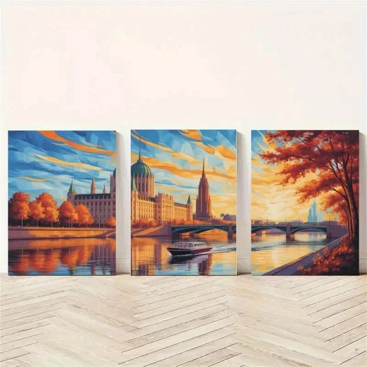 3pcs Cityscape Panels with Autumn Trees Metal Print Ready to Hang Art
