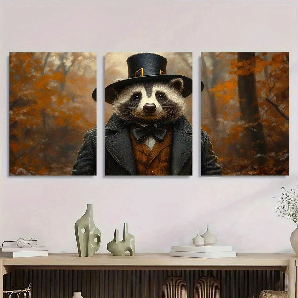 3pcs Whimsical Autumn Forest Scene Funny Animal Metal Print Ready to Hang Art