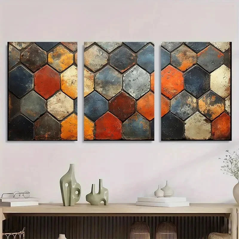 3pcs Talavila Tile Burnt Orange Pottery Clay Metal Print Ready to Hang Art