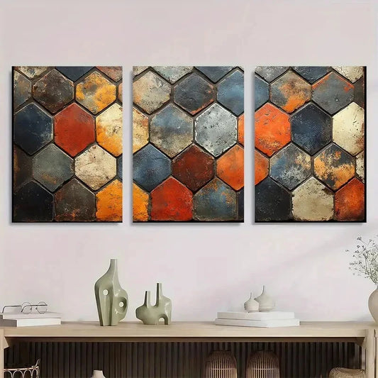 3pcs Talavila Tile Burnt Orange Pottery Clay Metal Print Ready to Hang Art