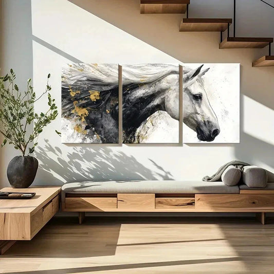 3pcs Abstract Horse Art White Mane Black Body Metal Print Ready to Hang Art