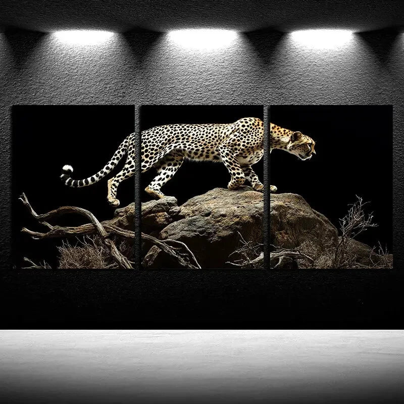 3pcs Lonely leopard on Rocks Metal Print Ready to Hang Art
