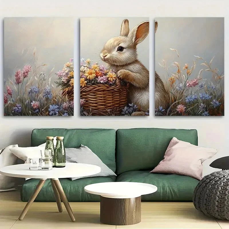 3pcs Rabbits with Flower Baskets in Meadow Metal Print Ready to Hang Art