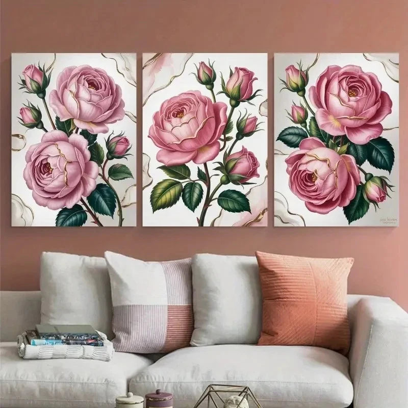 3pcs Pink Rose Floral Painting Metal Print Ready to Hang Art