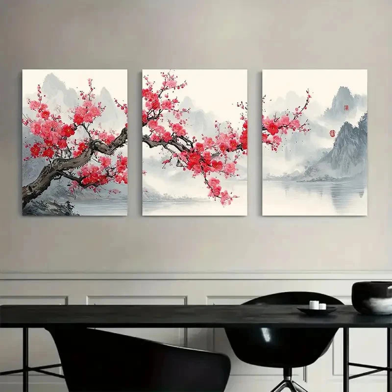 3pcs Plum Blossom Tree with Pink Flowers Metal Print Ready to Hang Art