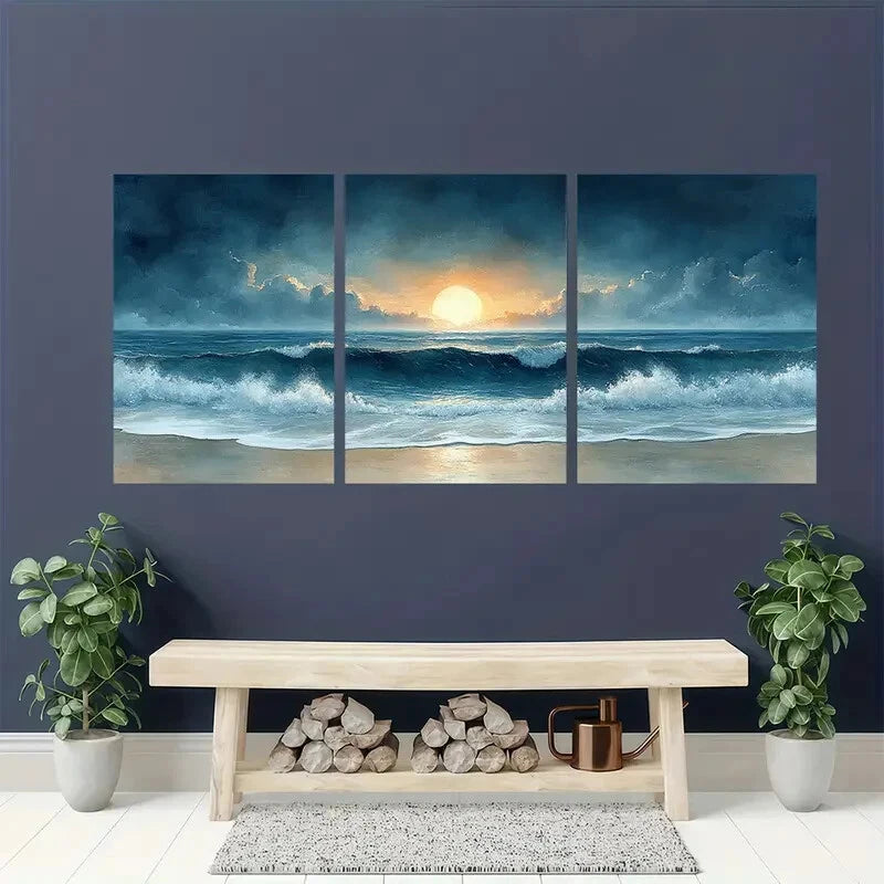 3pcs Ocean Beach Watercolor Art Seascape Paintings Metal Print Ready to Hang Art