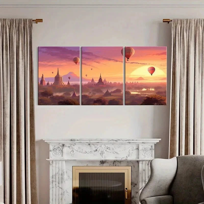3pcs Sunset Hot Air Balloons Ancient Temples Metal Print Ready to Hang Art