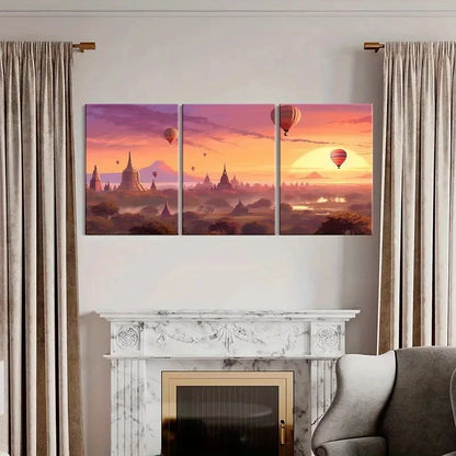 3pcs Sunset Hot Air Balloons Ancient Temples Metal Print Ready to Hang Art