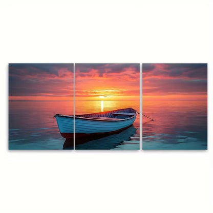 3pcs Serene Sunrise Fisherman'S Boat Design Metal Print Ready to Hang Art