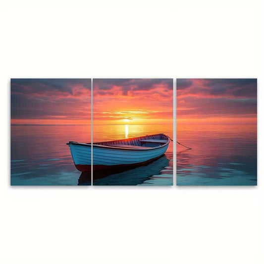 3pcs Serene Sunrise Fisherman'S Boat Design Metal Print Ready to Hang Art