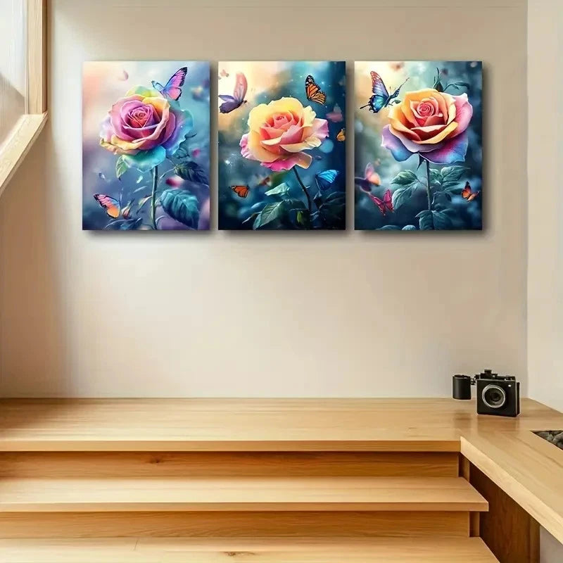 3pcs Vibrant Rose & Butterfly Design Wall Art Set Canvas Framed 50x70cm - High Quality Print 100% Australian Made Wall Canvas Ready to Hang