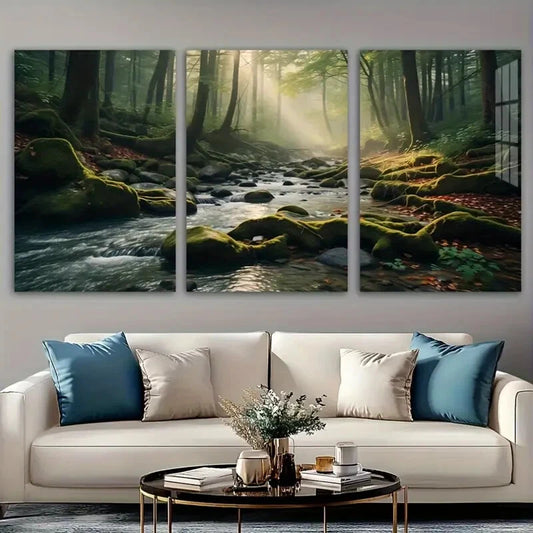 3pcs Delightful Forest Creek Flowing Water Metal Print Ready to Hang Art