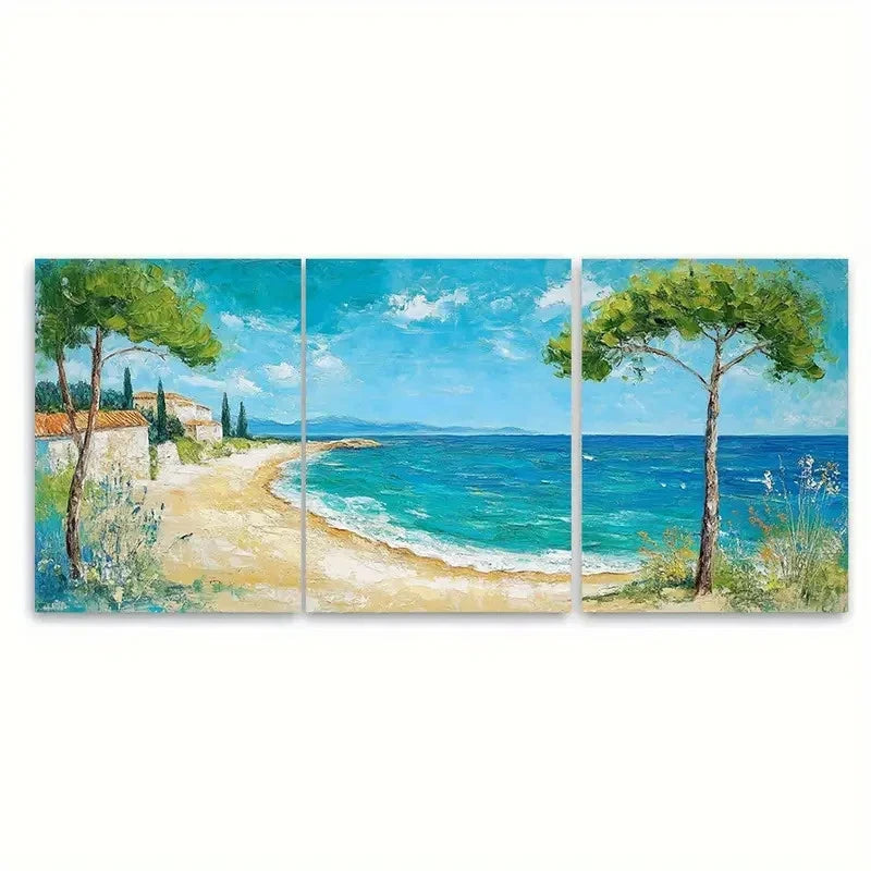 3pcs Mediterranean Beach Painting On Wall Art Set Canvas Framed 40x60cm - High Quality Print 100% Australian Made Wall Canvas Ready to Hang