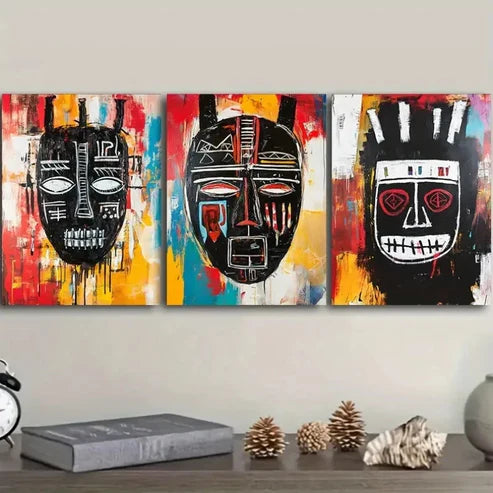 3pcs Featuring a Striking African Mask Wall Art Set Canvas Unframed - High Quality Print 100% Australian Made Wall Canvas