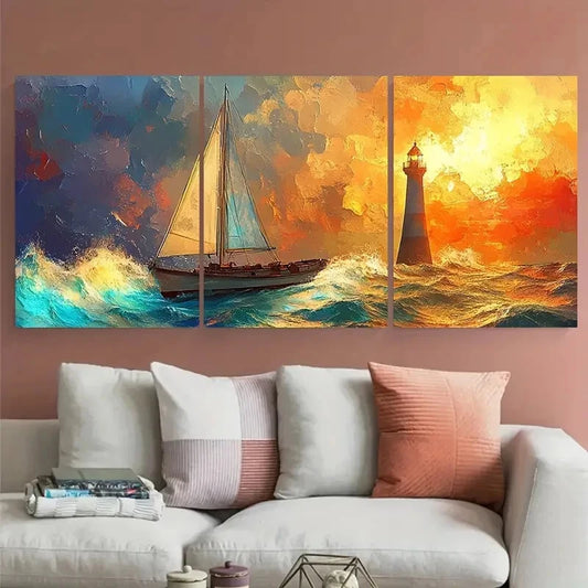 3pcs Scenic Sailboat and Lighthouse in Storm Metal Print Ready to Hang Art