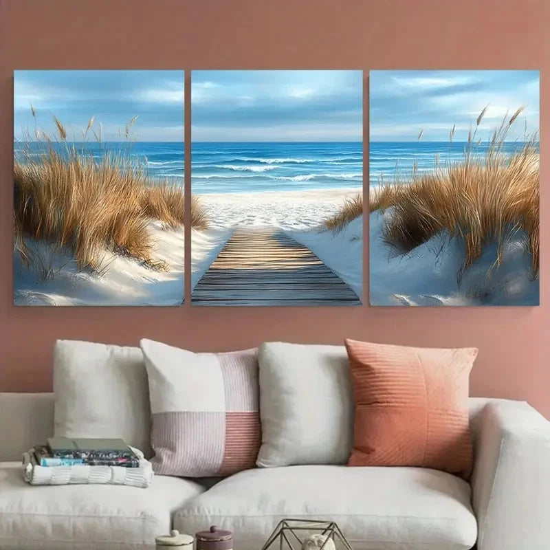 3pcs Wooden Walkway White Sandy Beach Seascape Metal Print Ready to Hang Art