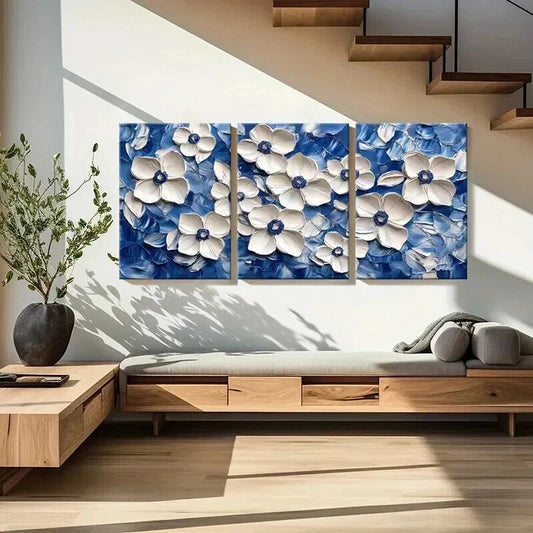 3pcs White Flowers on Blue Abstract Oil Painting Wall Art Set Canvas Framed 40x60cm - High Quality Print 100% Australian Made Wall Canvas Ready to Hang