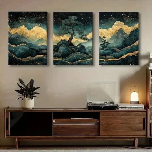 3pcs Golden Mountain Tree Night Sky Perfect Wall Art Set Canvas Unframed - High Quality Print 100% Australian Made Wall Canvas