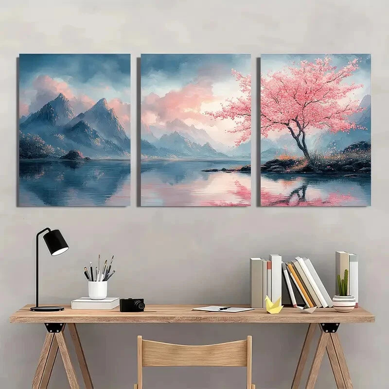 3pcs Tranquil Blossoming Cherry Tree Landscape Metal Print Ready to Hang Art
